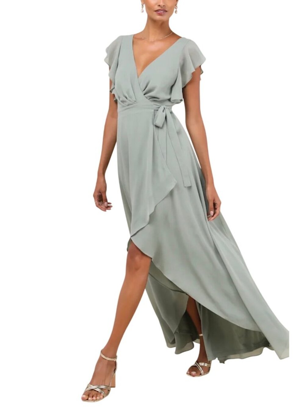 Lulus Ravishing Charm Sage Brush Ruffled Wrap High-Low Maxi Midi Dress Sz LG